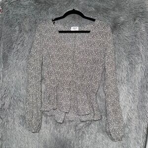 Sienna Sky Black White Ditsy Floral Print Smocked Peplum Long Sleeve Blouse M